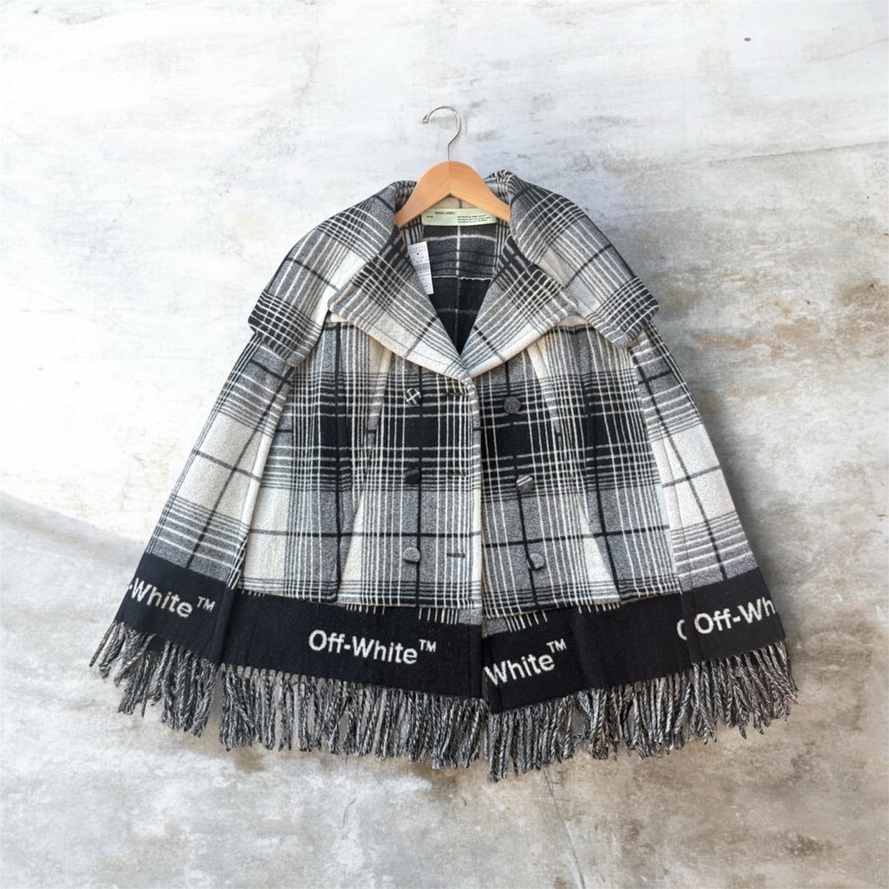 Off-White Black & White Plaid Fringe Cape